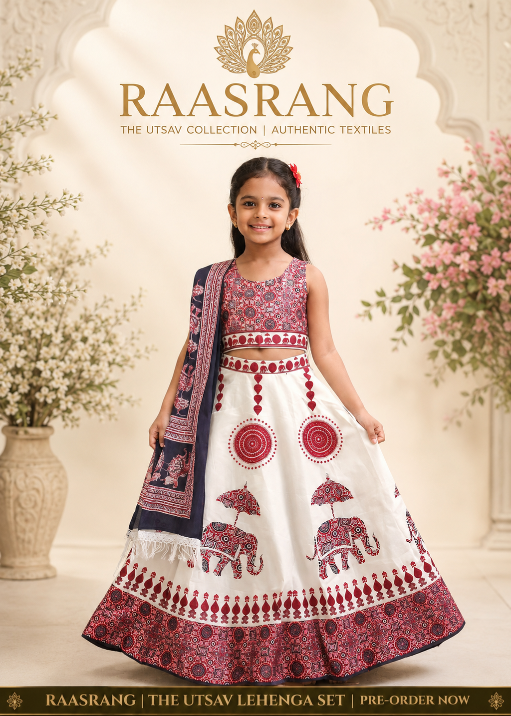 Raasrang Kids Utsav Garba Lehenga Set — White & Red