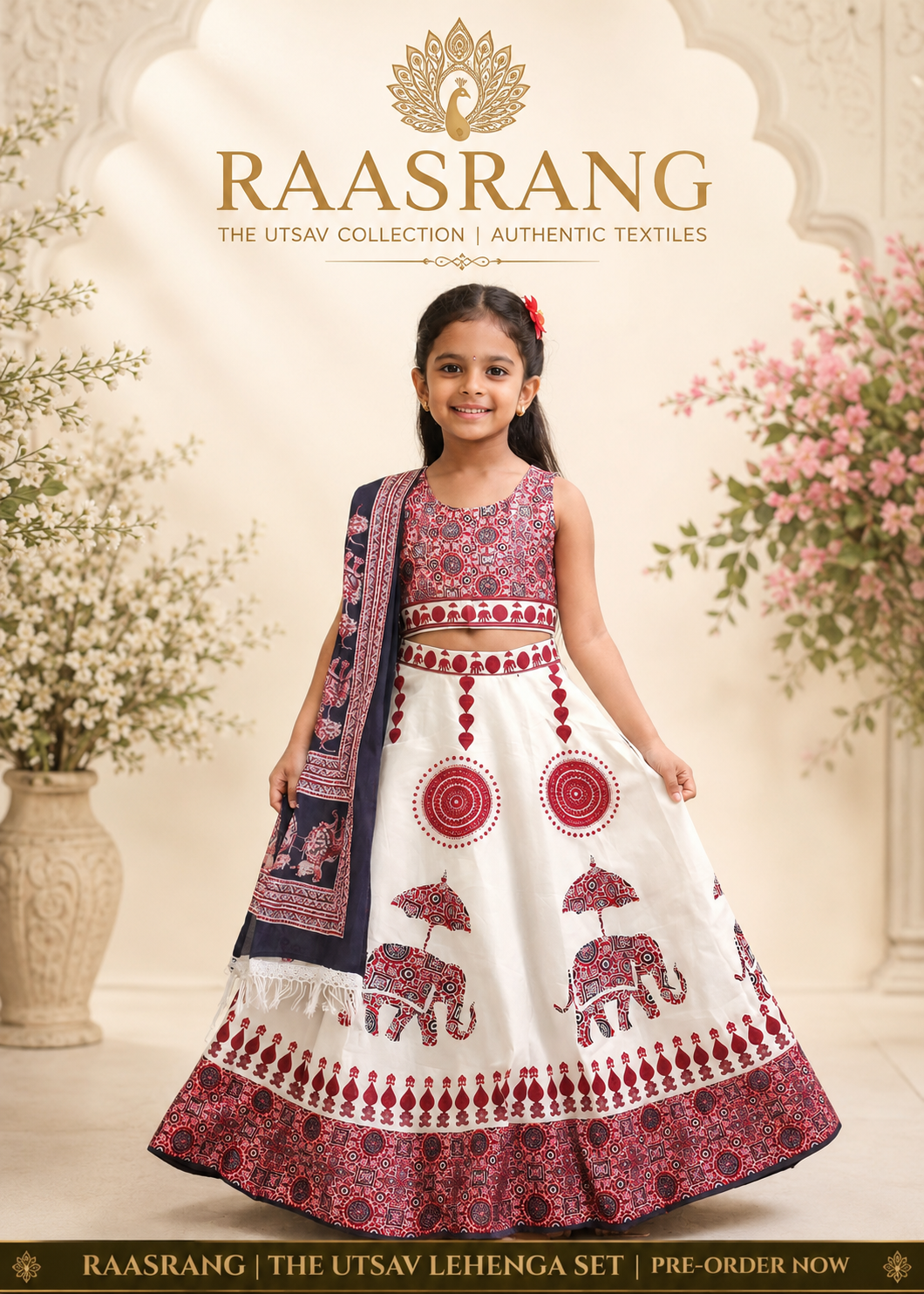 Raasrang Kids Utsav Garba Lehenga Set — White & Red