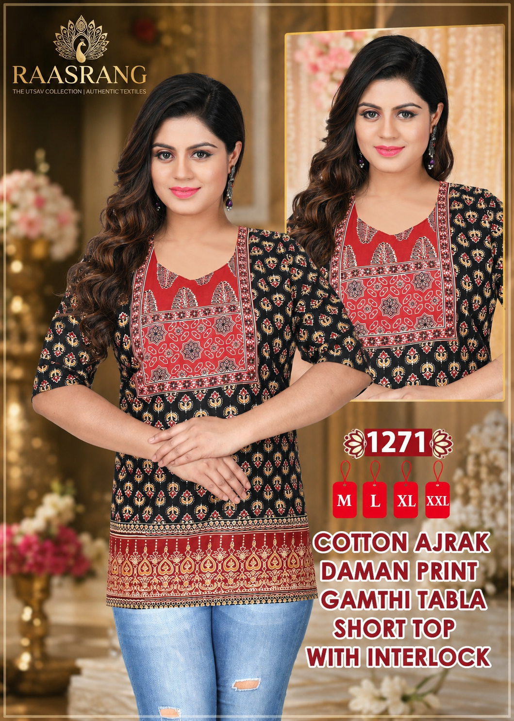 Cotton Ajrak Short Top Design 1271 — Black & Red Bold