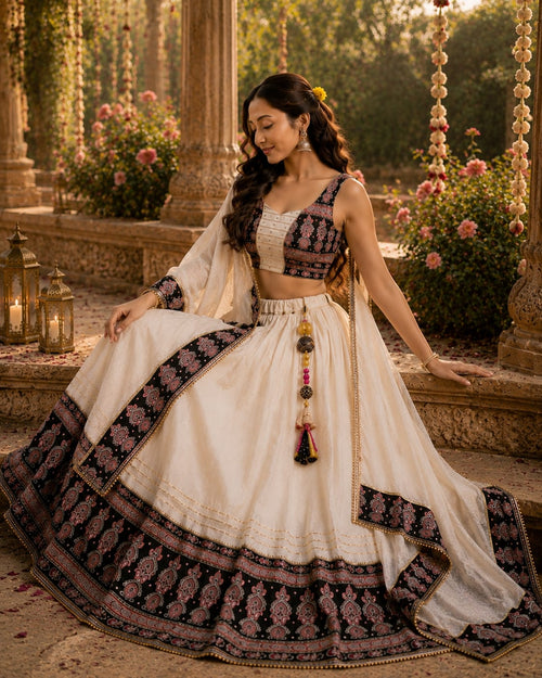 Ivory Cotton-Silk Garba Lehenga with Black Ajrakh Border