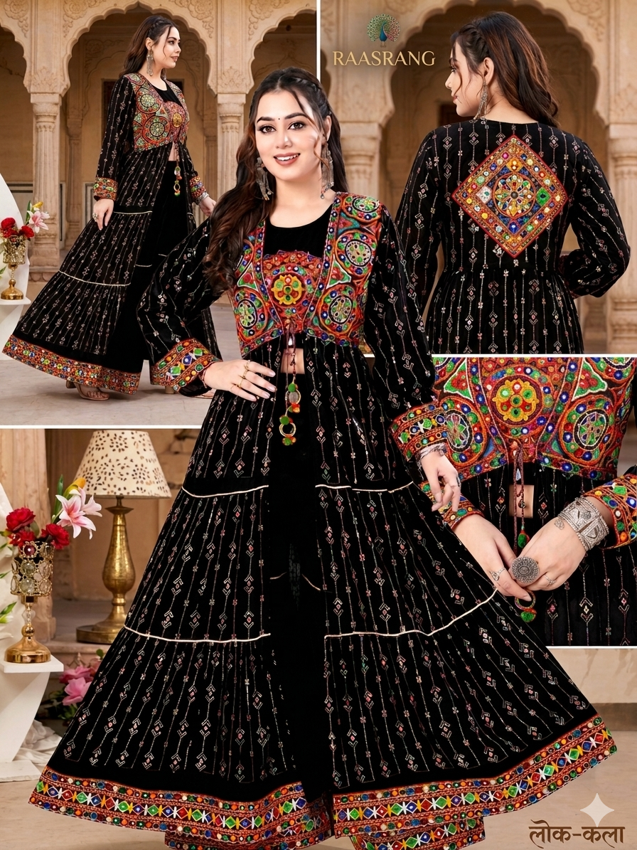 Kutchi Mirror Work Jacket Lehenga Set - Raasrang