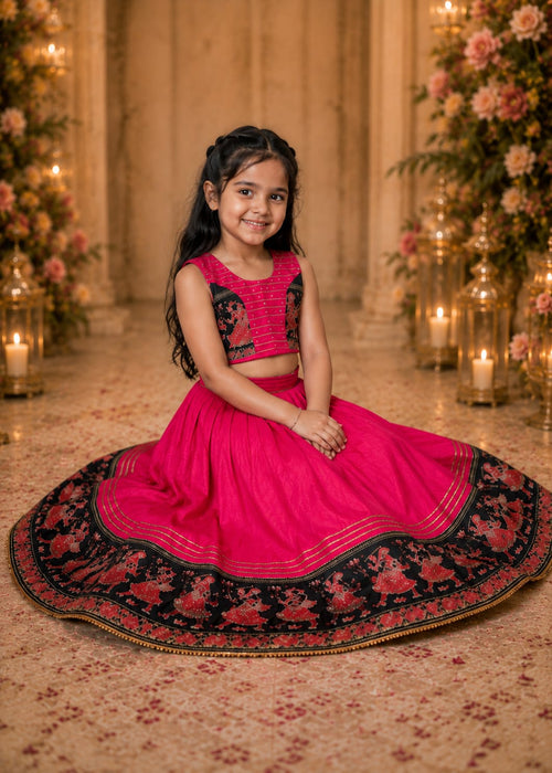 Kids Magenta Pink Lehenga Choli with Dancing-Figure Border