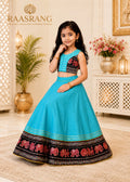 Kids Turquoise Lehenga Choli with Black Elephant Border