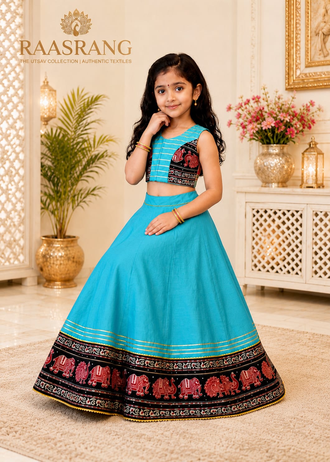 Kids Turquoise Lehenga Choli with Black Elephant Border