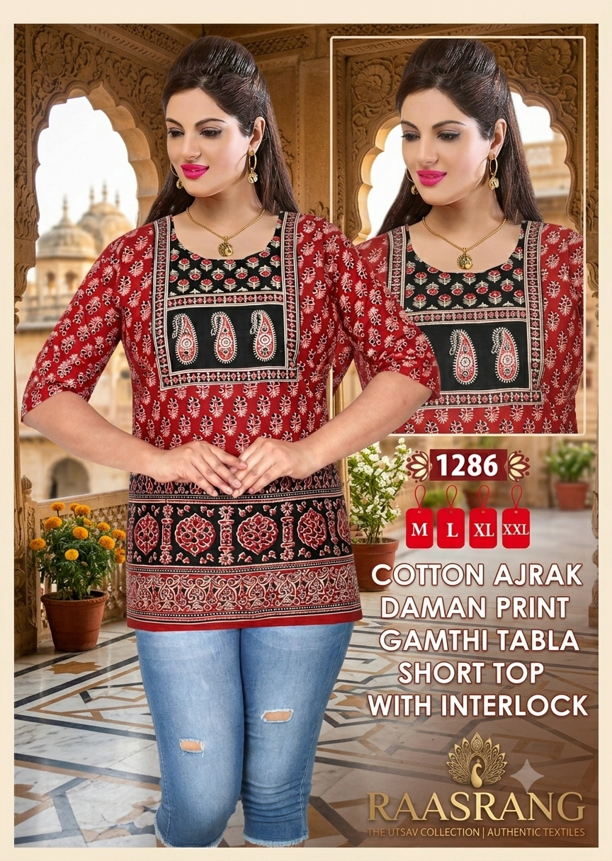 Cotton Ajrak Gamthi Tabla Short Top with Interlock