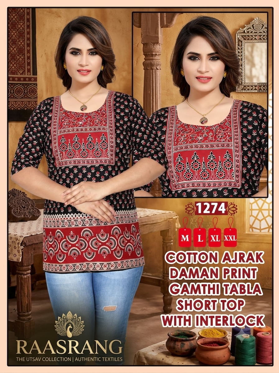 Cotton Ajrak Gamthi Tabla Short Top with Interlock