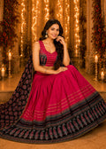 Magenta Pink Garba Lehenga with Black Ajrakh Border