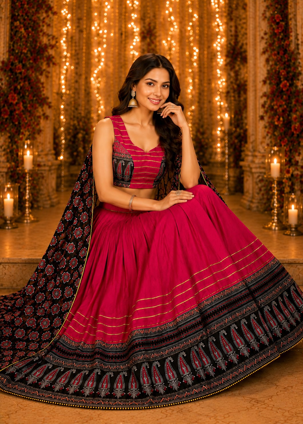 Magenta Pink Garba Lehenga with Black Ajrakh Border