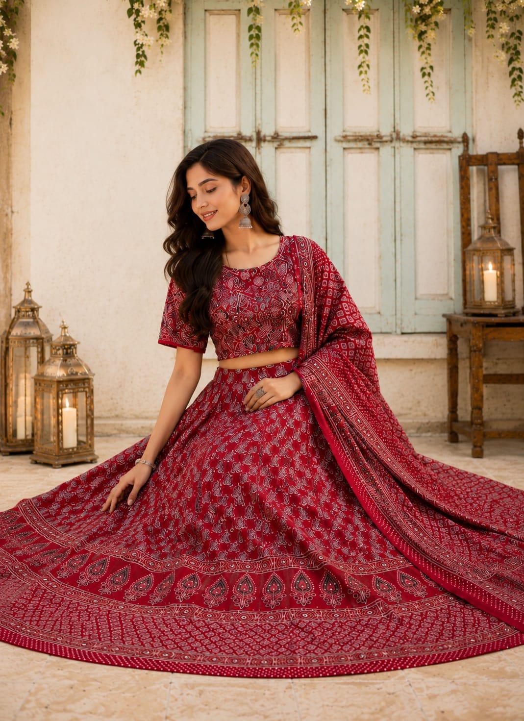 Maroon Bandhani Print Lehenga Choli with Mirror-Work Dupatta
