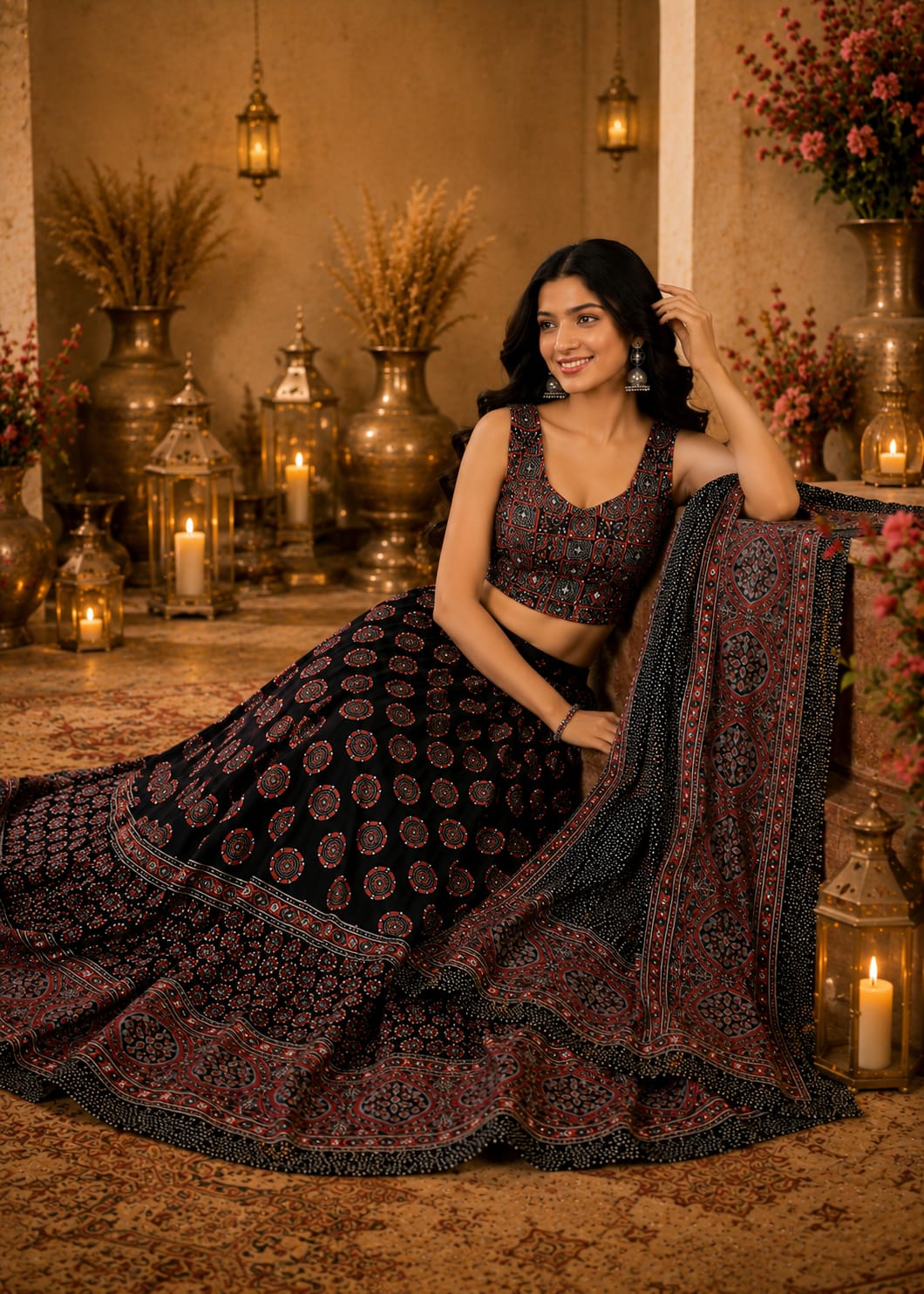 Onyx Black Bandhani Circle-Print Lehenga