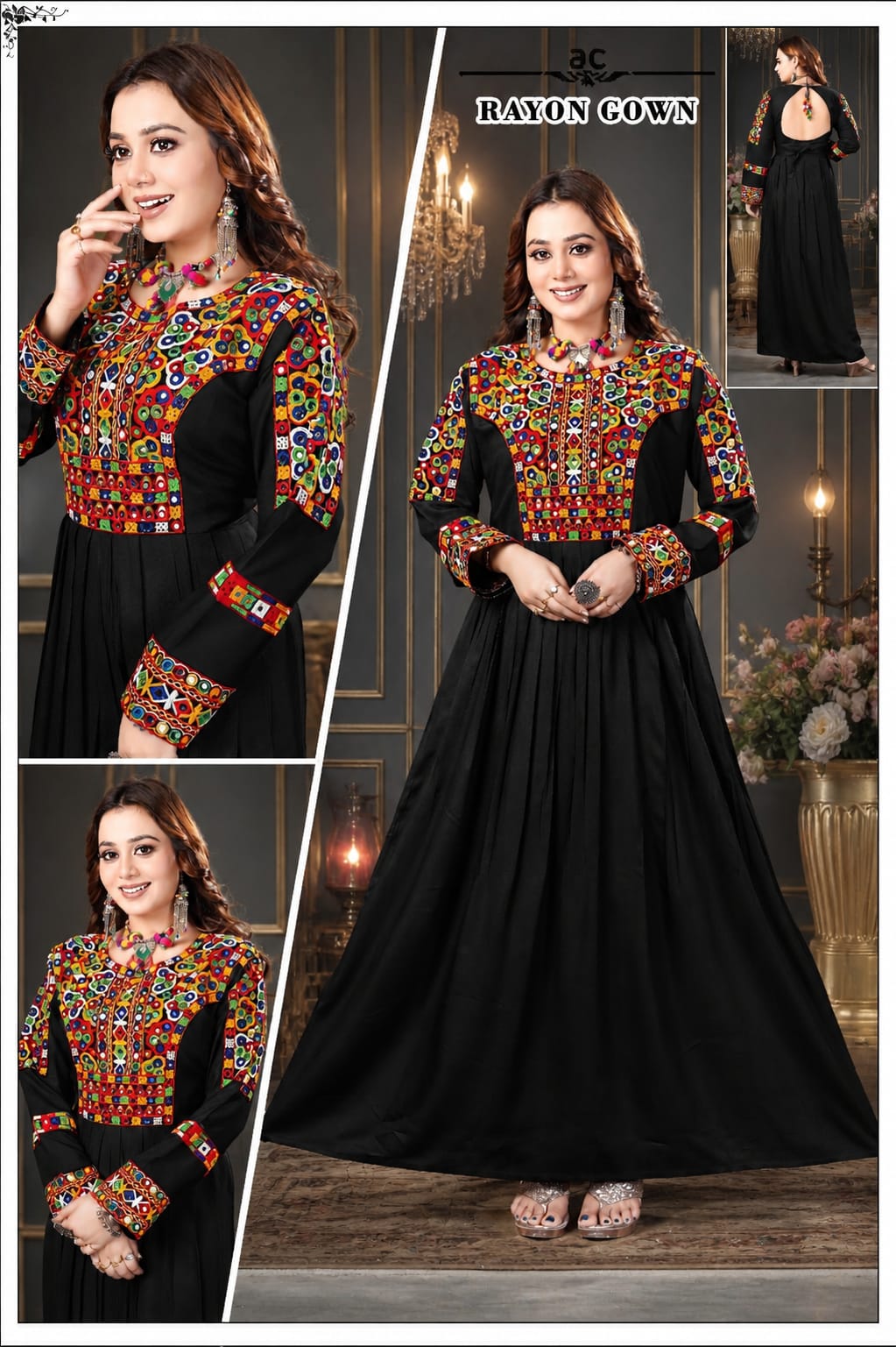 Rayon Gown with Kutchi Mirror Work - Black