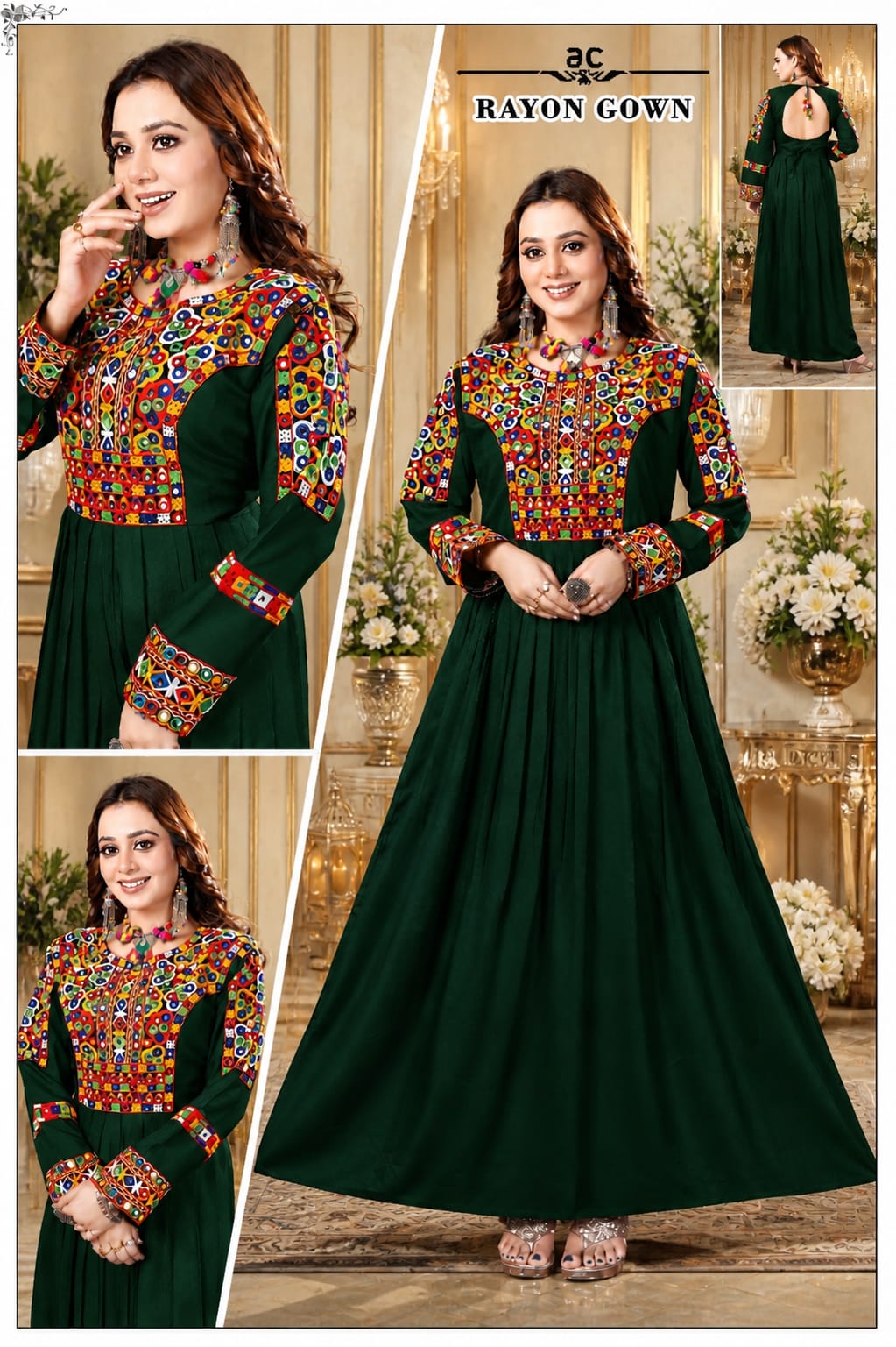 Rayon Gown with Kutchi Mirror Work - Green