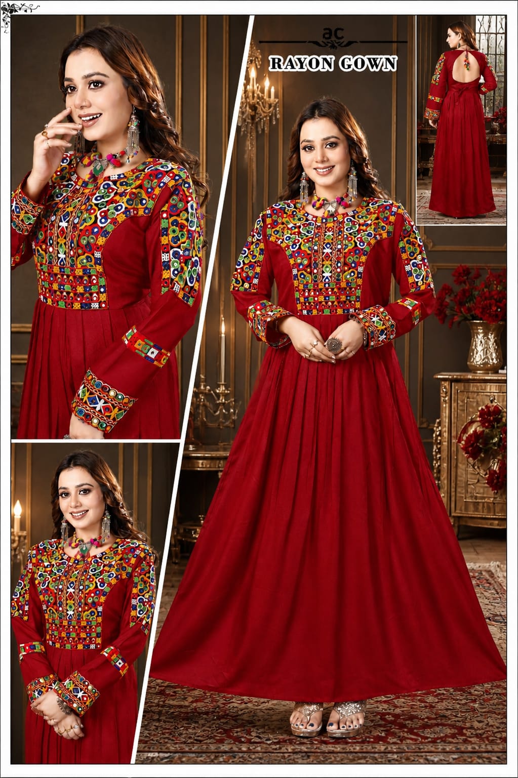 Rayon Gown with Kutchi Mirror Work - Red