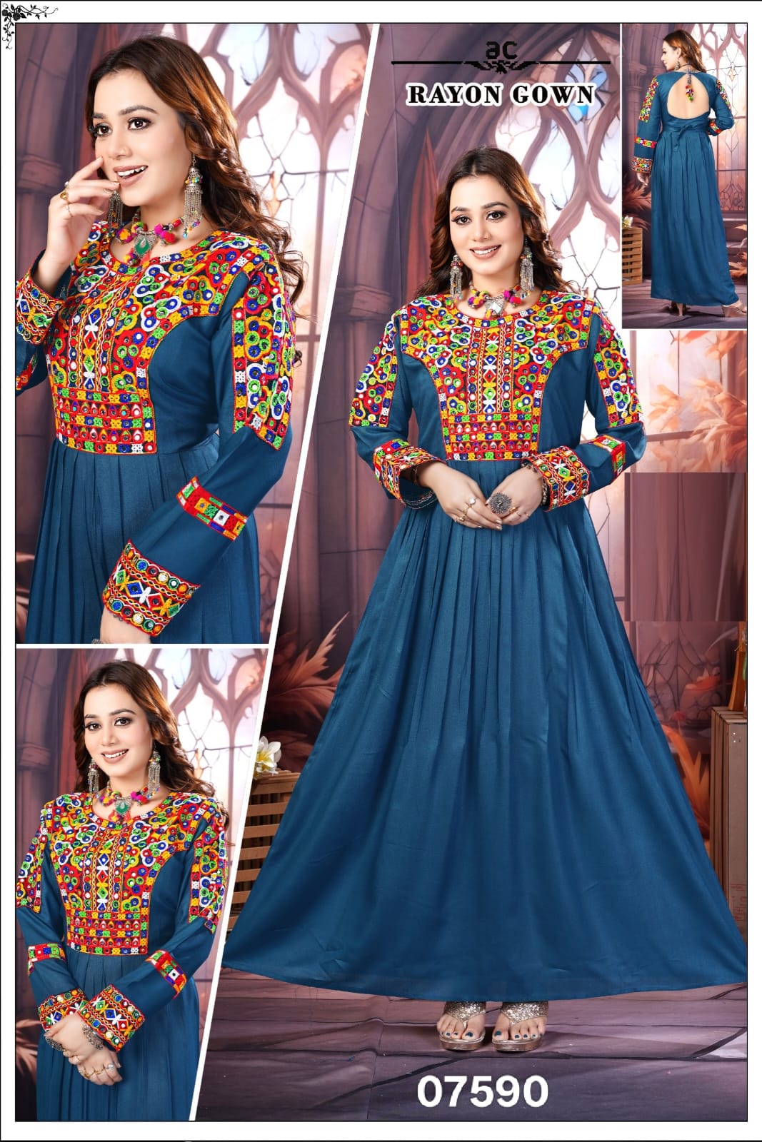 Rayon Gown with Kutchi Mirror Work - Teal