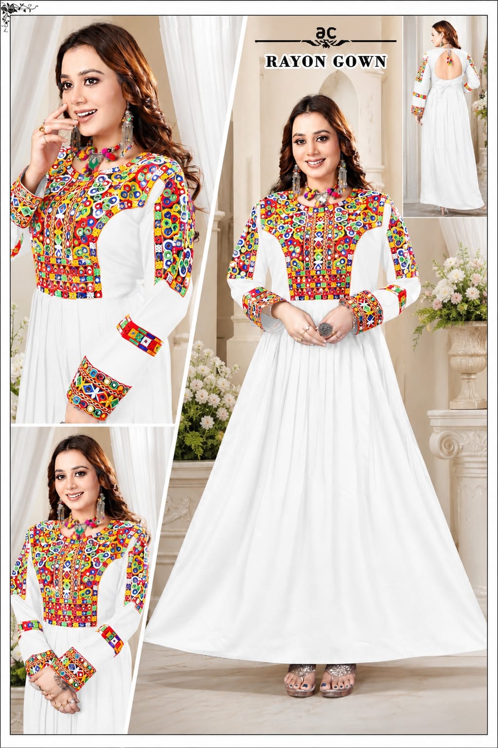 Rayon Gown with Kutchi Mirror Work - White