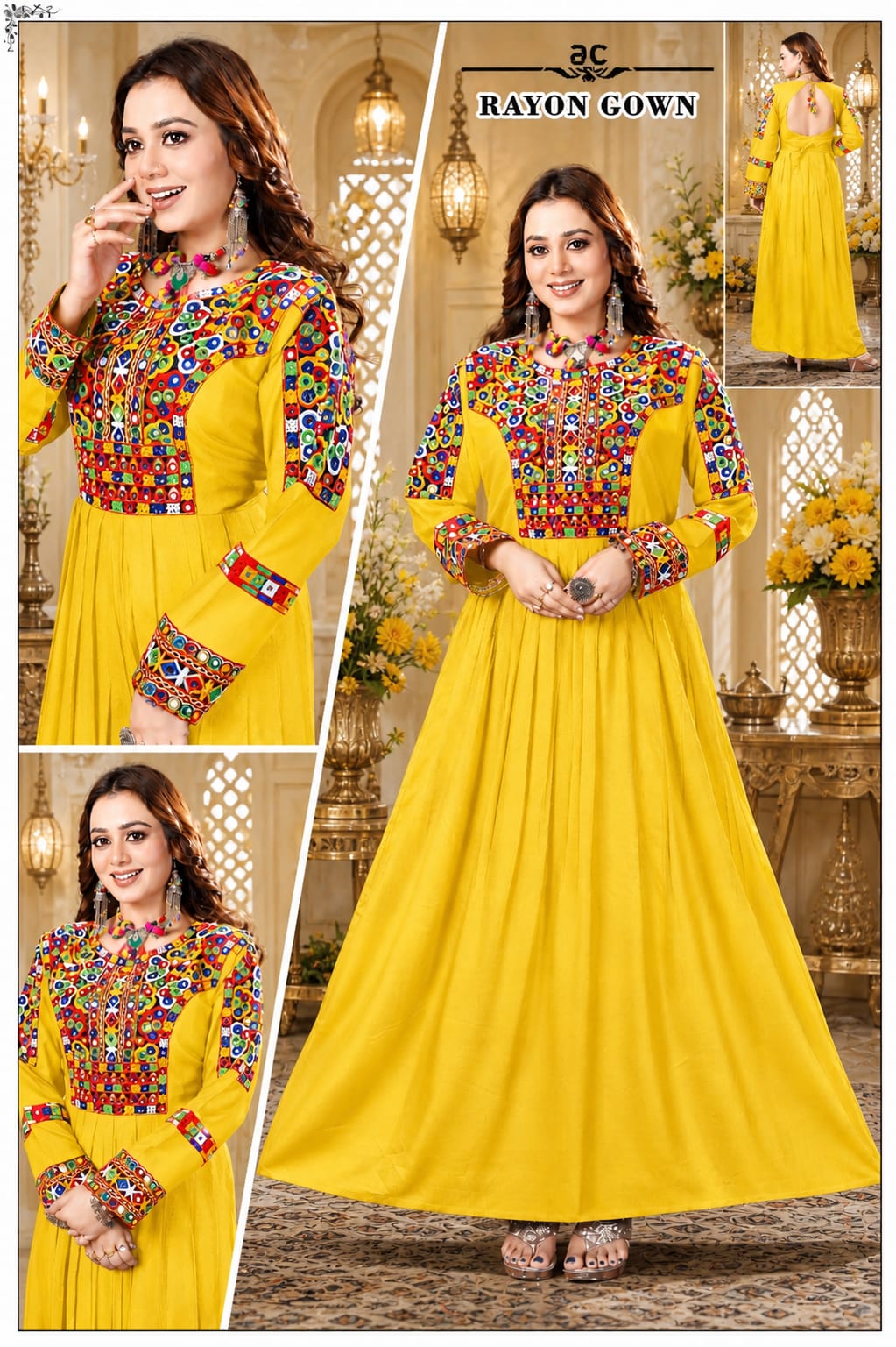 Rayon Gown with Kutchi Mirror Work - Yellow